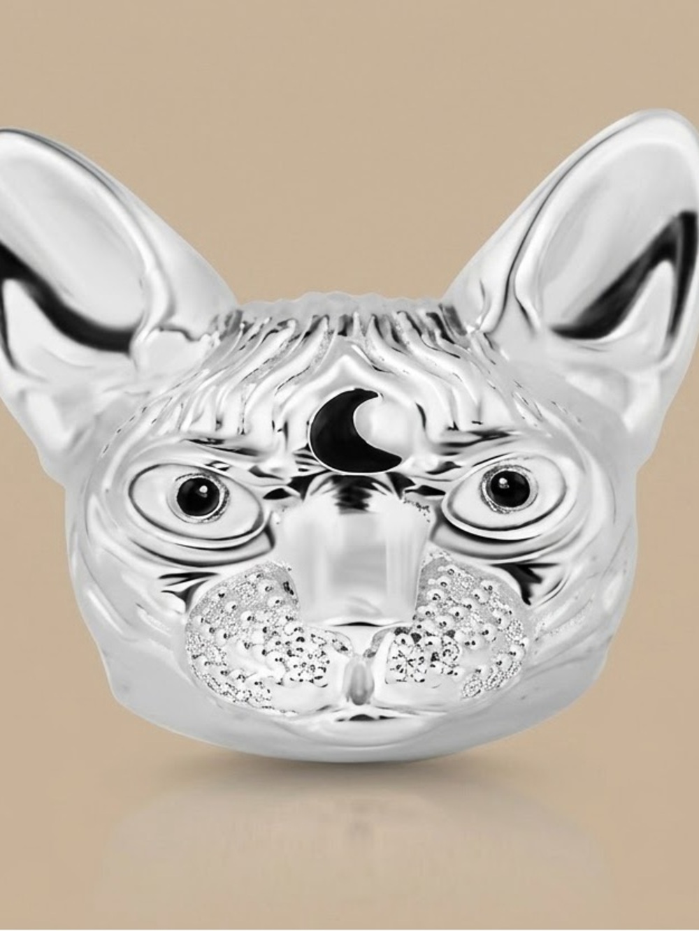 Silver Cat Face Charm with Crescent Moon Accent